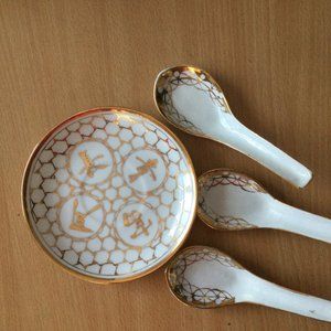 Vintage Chinese porcelain saucer plate and three spoons gold gilded marked China